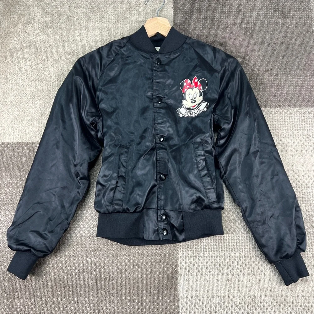 Vintage Chalk Line Minnie Mouse Disney Black Satin Bomber Jacket Kids 14/16 80s